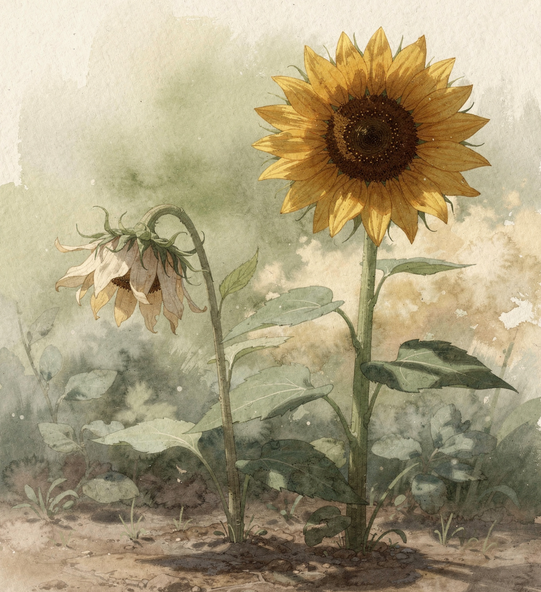 2 Sonnenblumen, eine davon welk